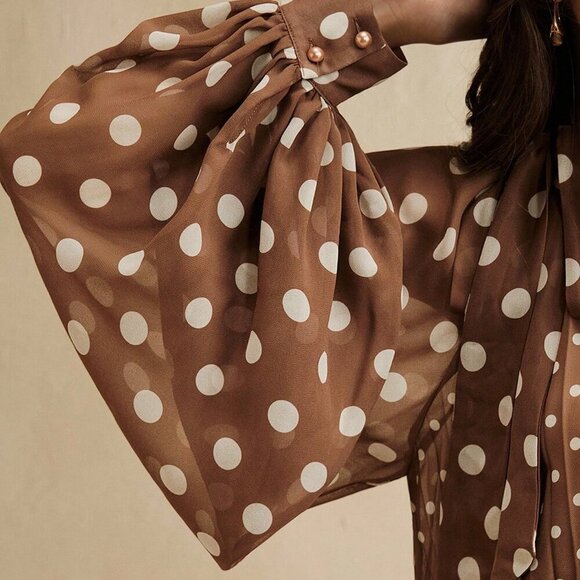 Brown Elegant Womens Polka Dot Pleated detailed bow Tie Front Long Sleeve Blouse - Picture 2 of 8